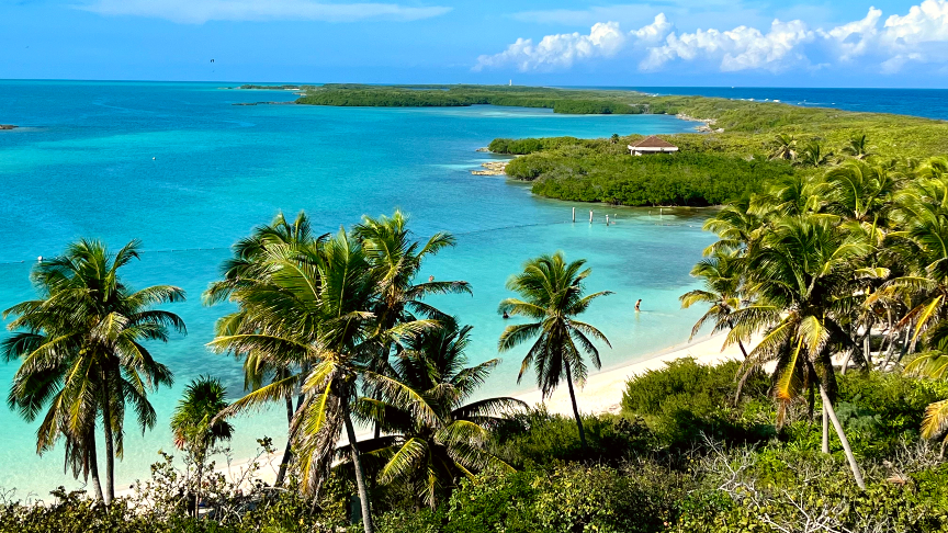 Panoramic view of Isla Contoy National Park in Mexico, featuring white sand beaches, palm trees, and turquoise waters under a blue sky.