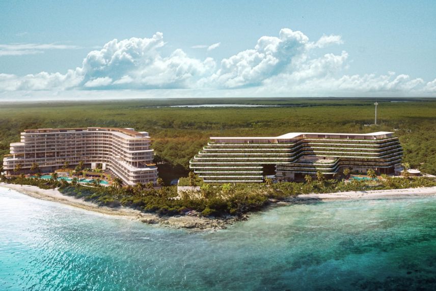 Aerial render of the new St. Regis Costa Mujeres luxury resort, featuring modern organic architecture on a pristine beachfront in Cancun.